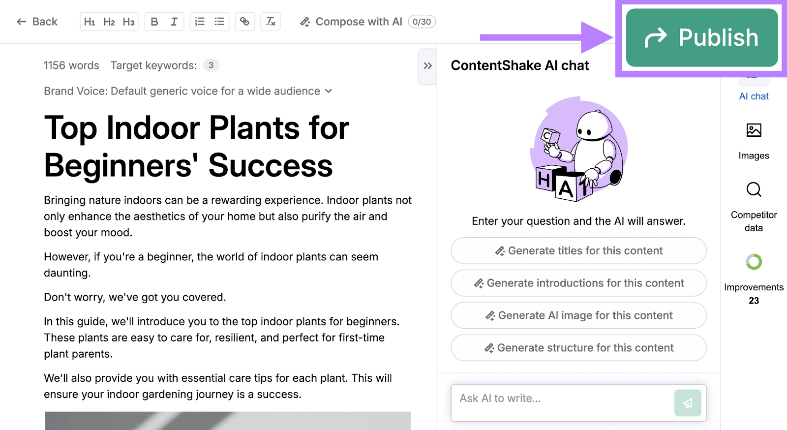 ContentShake AI's article editor with an AI chatbox open and the "Publish" button highlighted