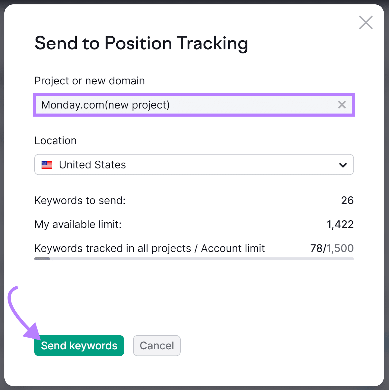 "Send to Position Tracking" pop-up window