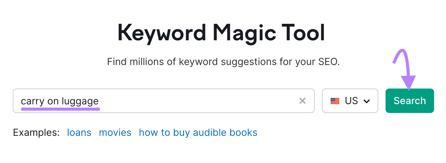 "carry on luggage" entered into Keyword Magic Tool search bar
