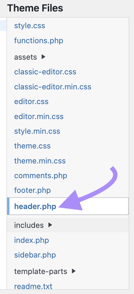“header.php” file selected