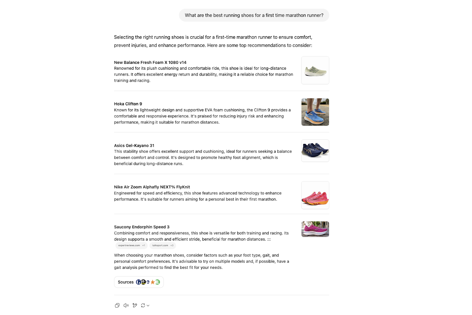 A ChatGPT results page that shows running shoe recommendations for a marathon runner.