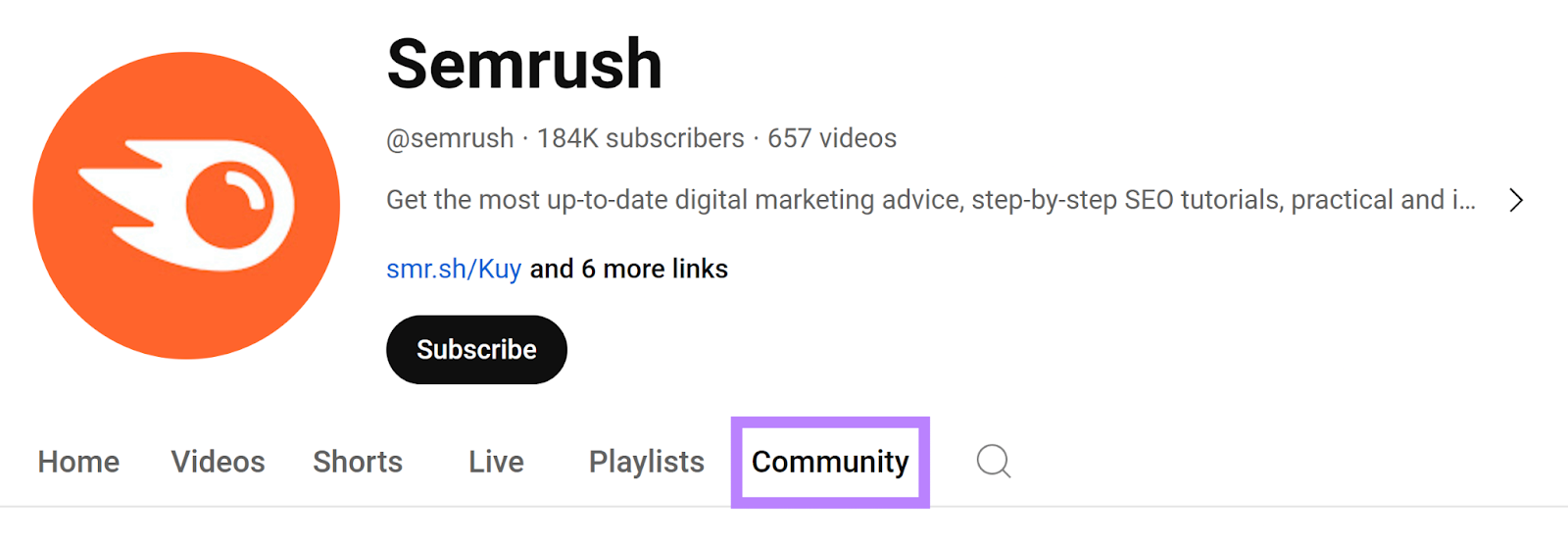 Semrush YouTube profile with Community tab selected and highlighted.