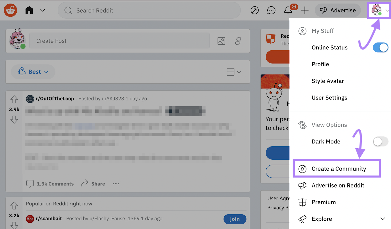 “Create Community” button selected on the right side of Reddit homepage
