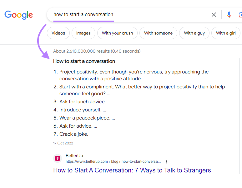 A featured snippet for "how to start a conversation” search on Google