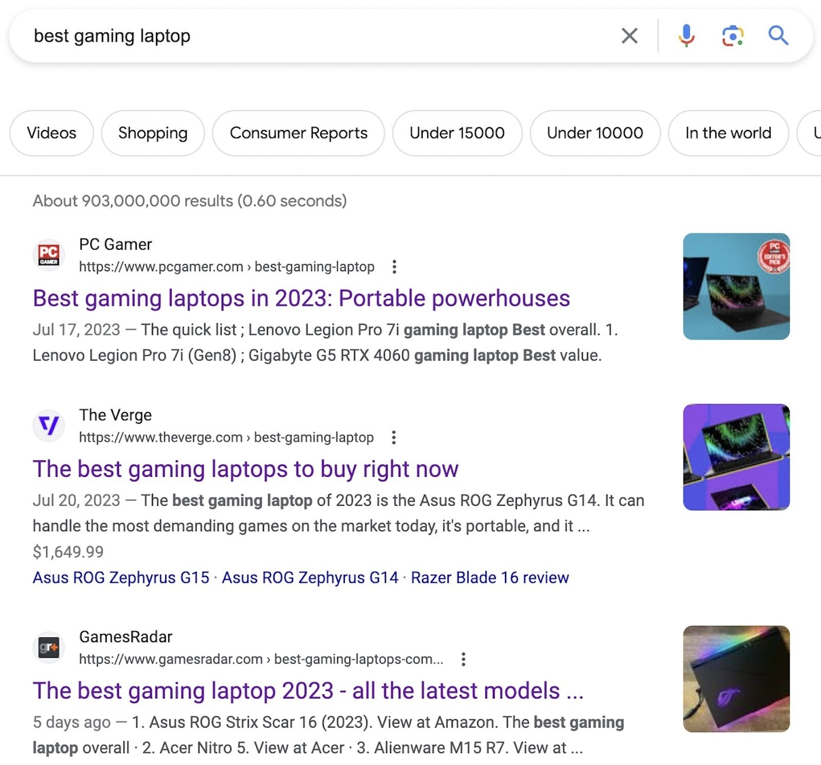 Google SERP for "best gaming laptop" search