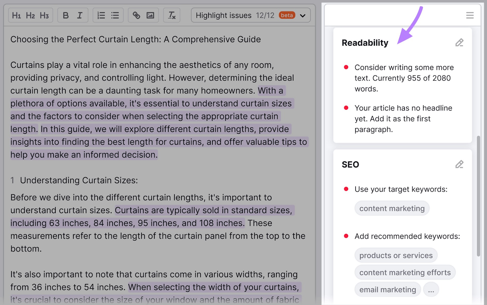 “Readability” and “SEO” recommendations on the right side