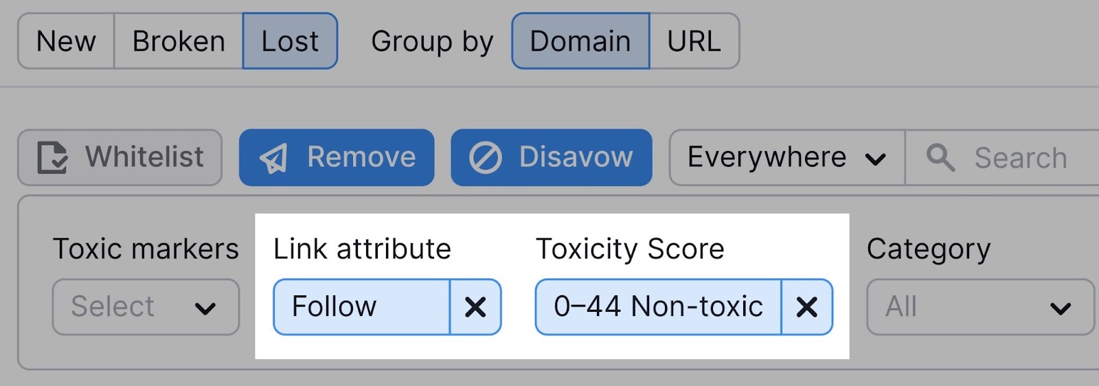 filtering the list to show follow links with low toxicity scores
