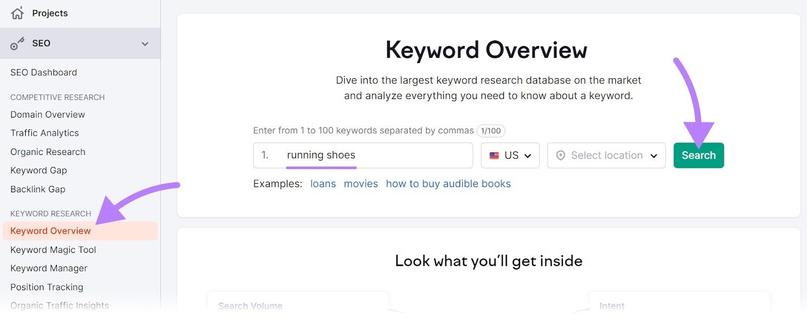 "running shoes" entered into Keyword Overview search bar