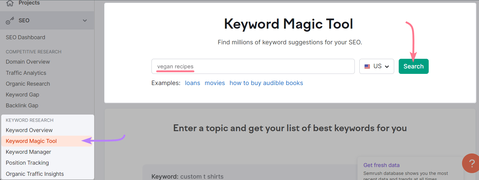 "vegan recipes" entered into the Keyword Magic Tool search bar