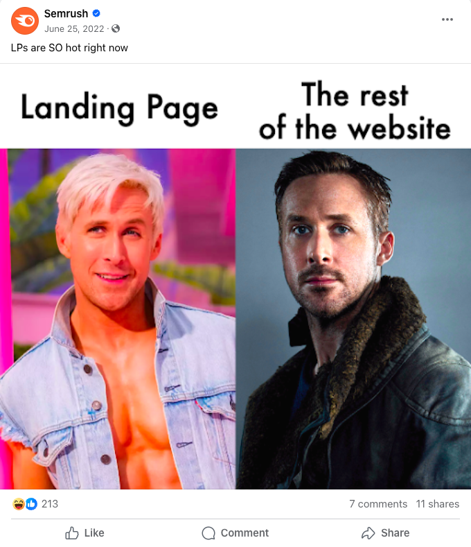 Semrush's Facebook station  showing a humorous examination  betwixt  landing pages vs the remainder  of the website
