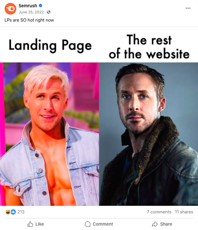 Semrush's Facebook post showing a humorous comparison between landing pages vs the rest of the website