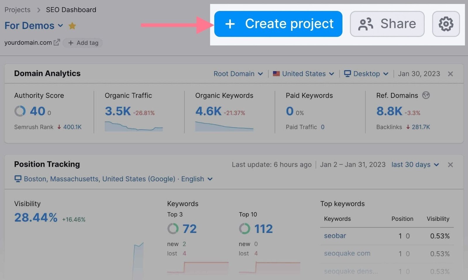 create a project to access SEO dashboard