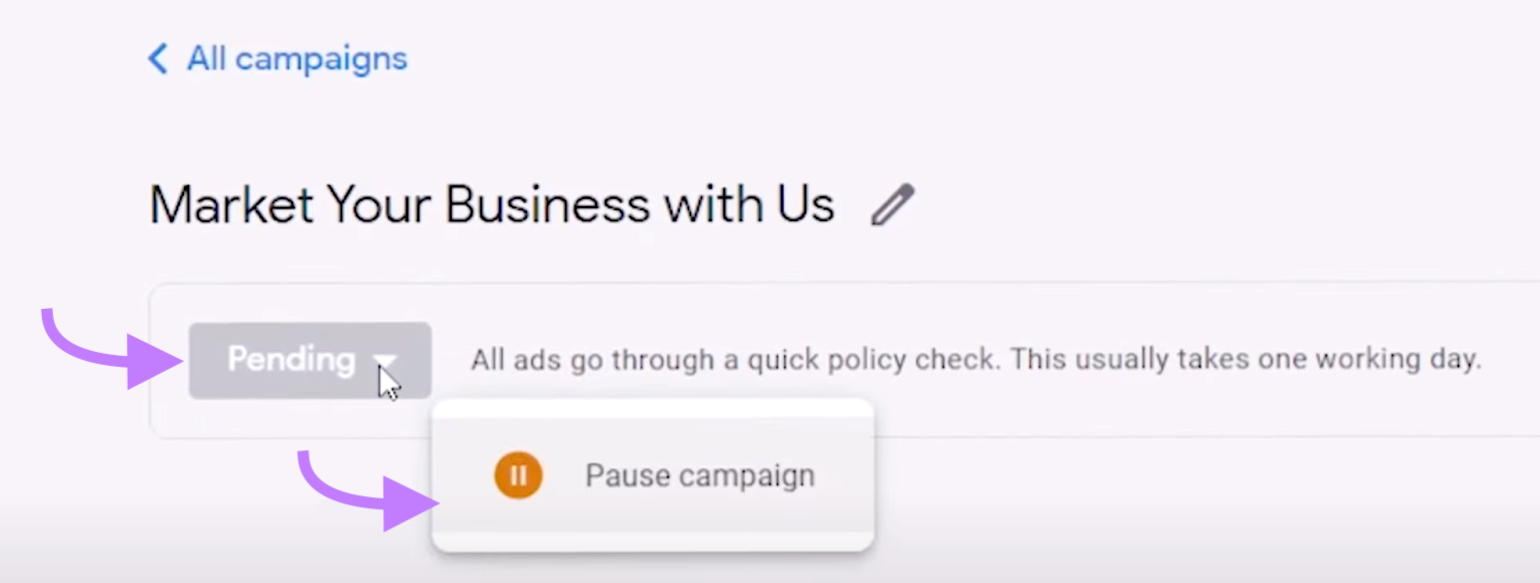“Pending” > “Pause campaign” option shown under "Market Your Business with Us" campaign