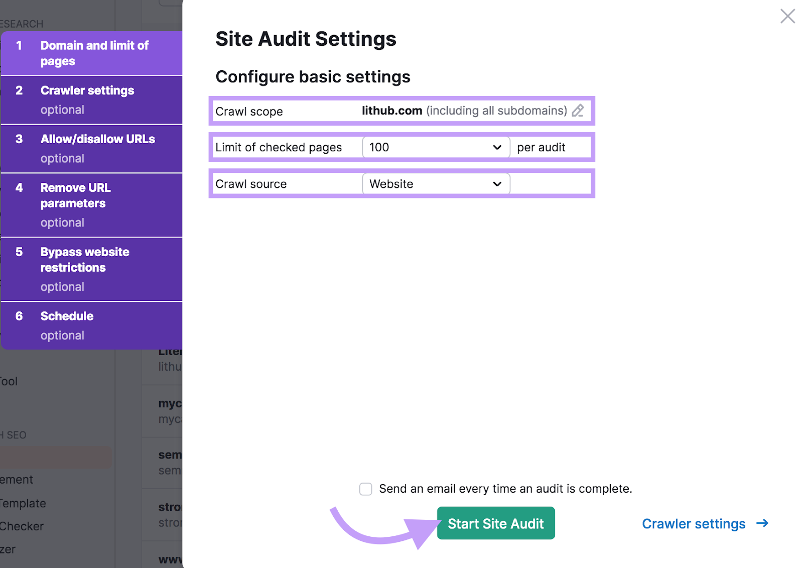 crawl scope, limit of checked pages, and crawl source configuration settings in Site Audit tool