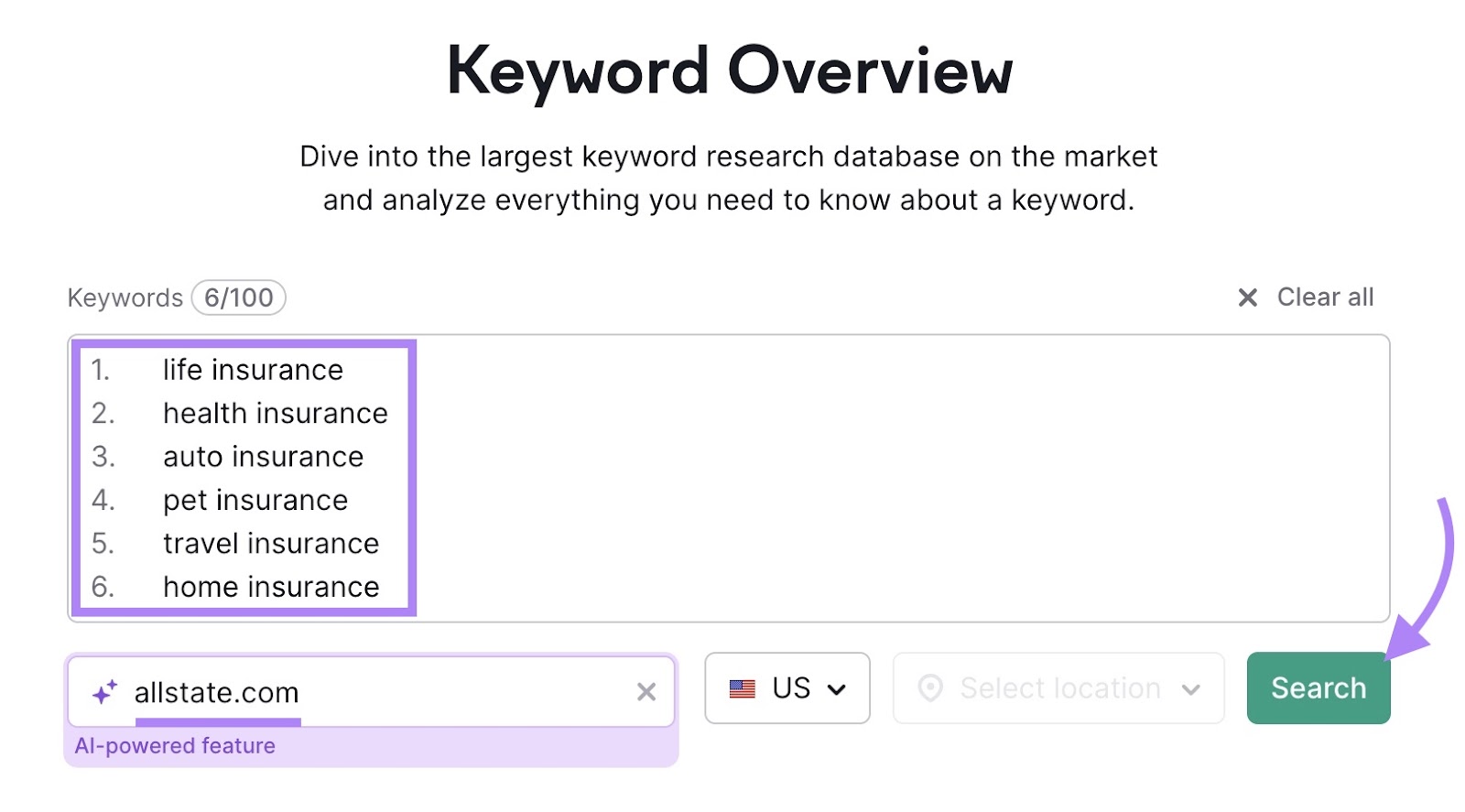 Keyword Overview with six keywords and a domain entered along with the "Search" button clicked.