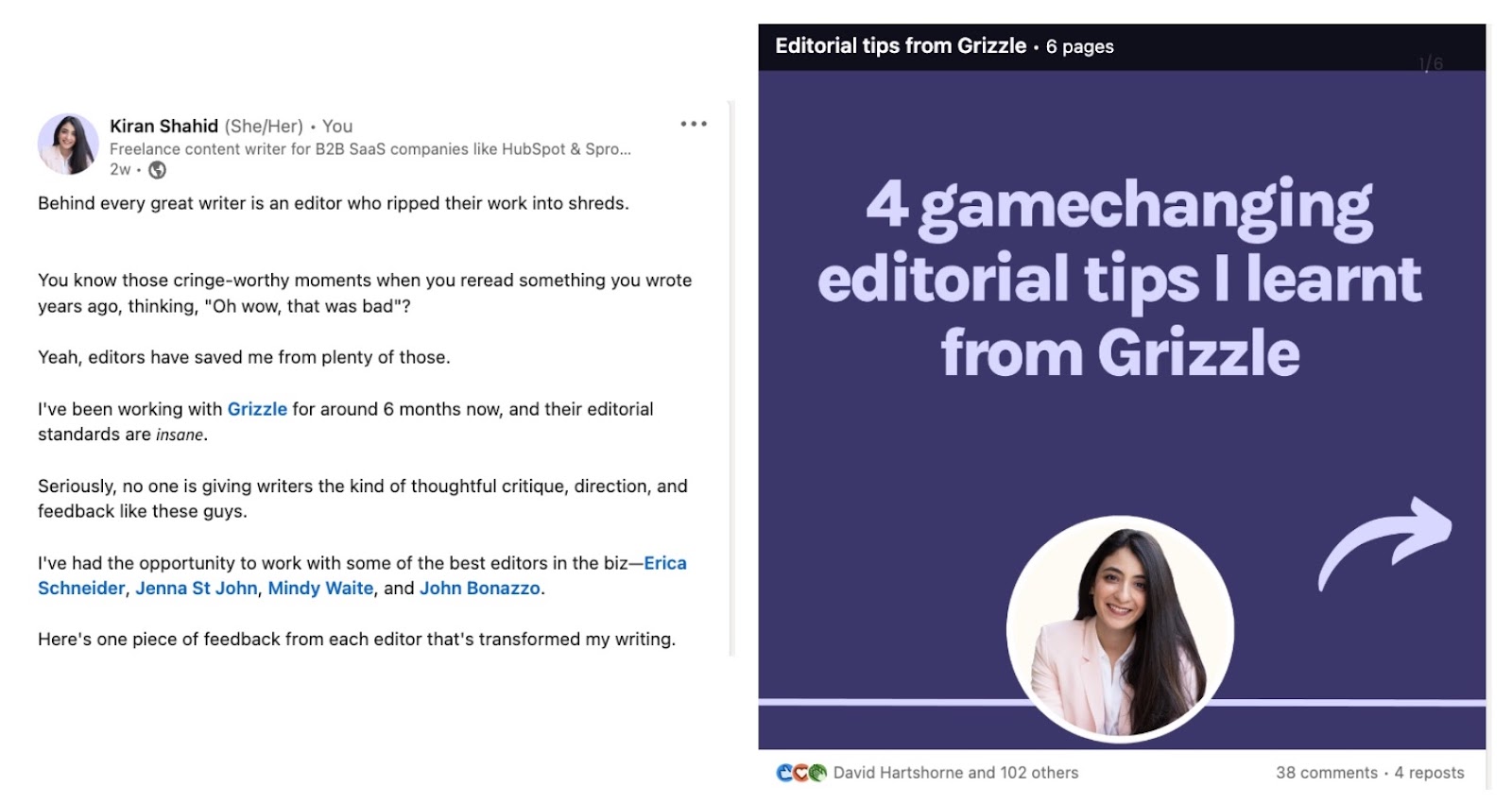 Kiran Shahid's LinkedIn post on 4 gamechanging editorial tips she learnt from Grizzle