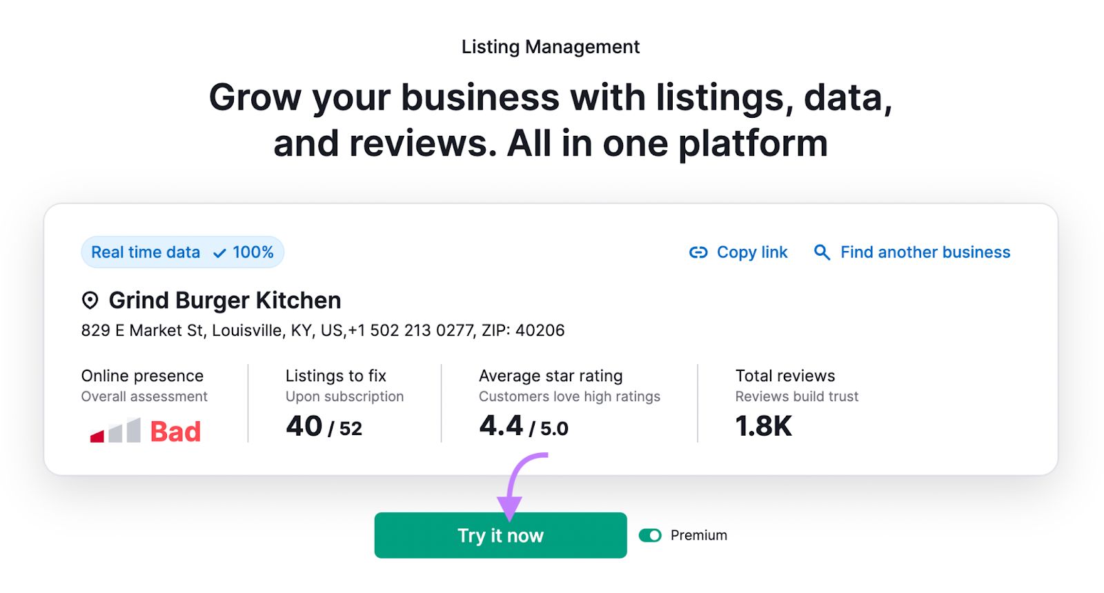 "Try it now" green button under Listing Management tool results