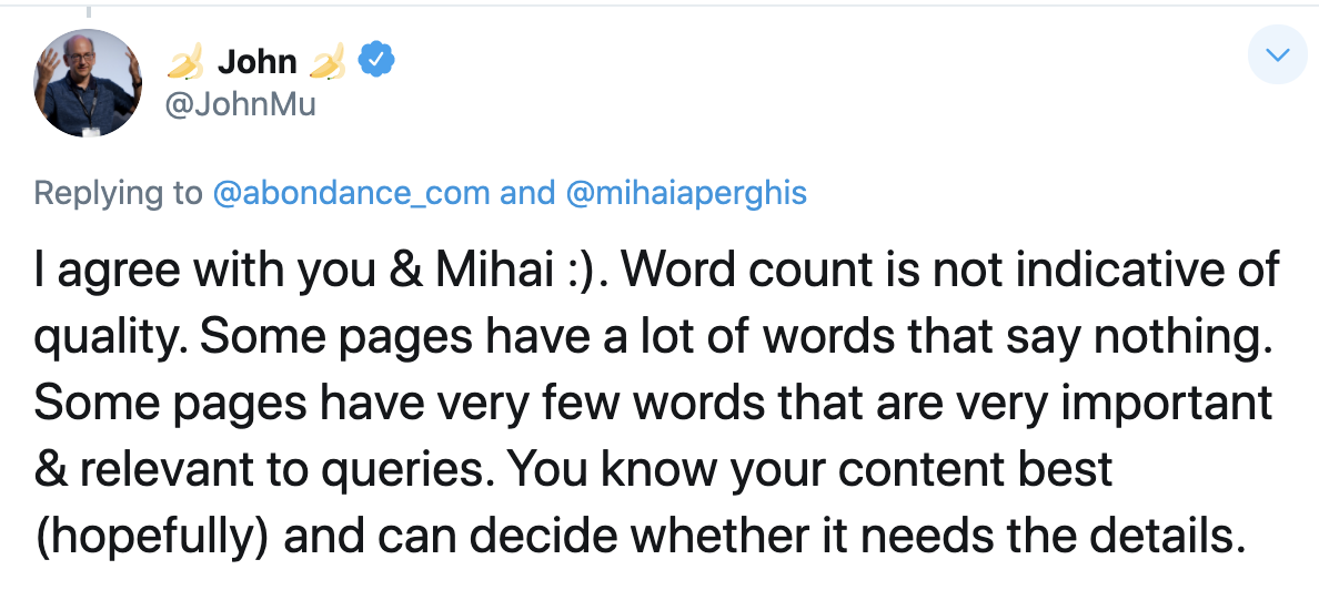 Google's John Mu tweet on content