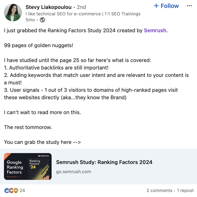 LinkedIn post shared by Stevy Liakopoulou sharing Semrush's 2024 Ranking Factors study