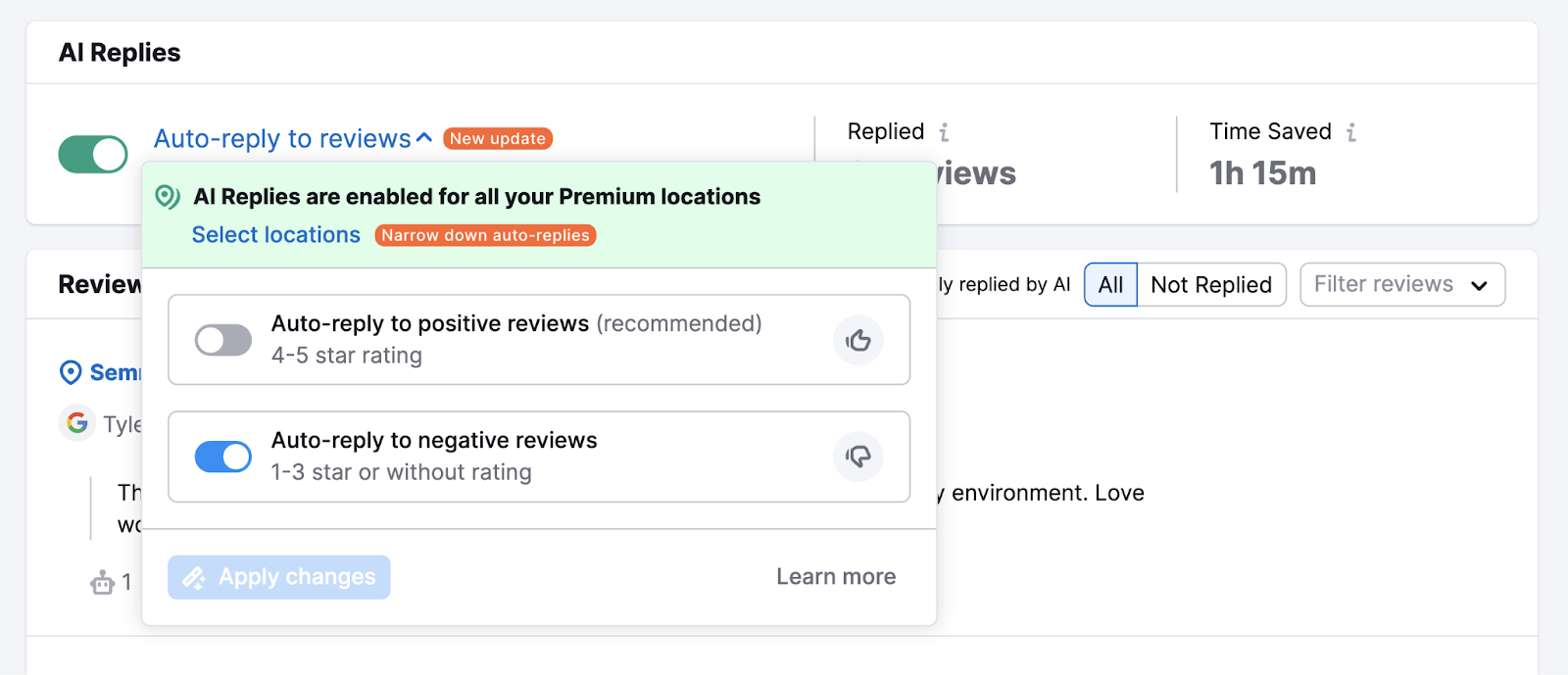 AI replies toggle highlighted to show you can auto reply to position and or negative reviews