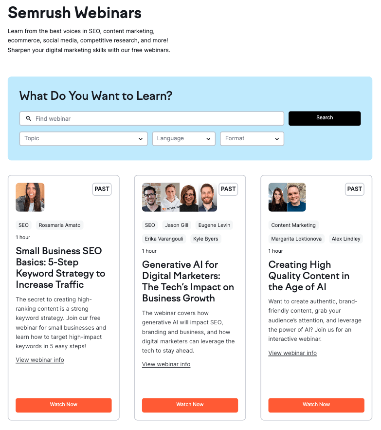 Semrush Webinars landing page