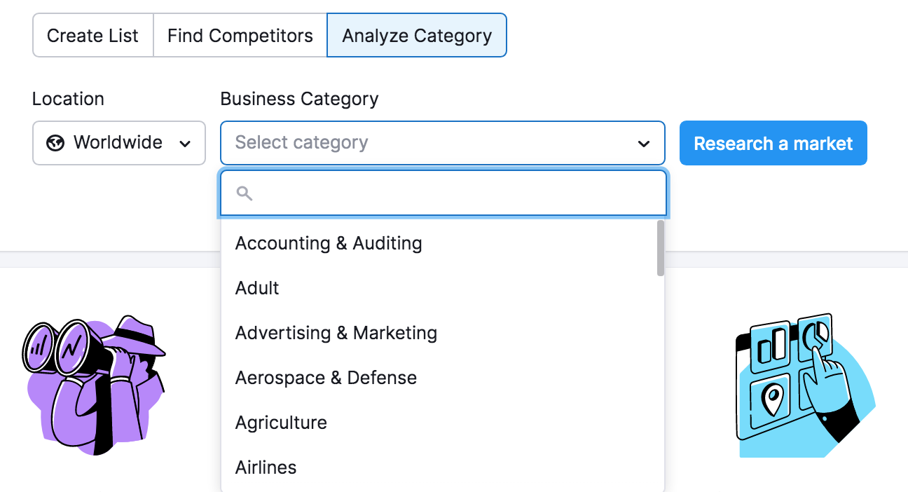 "Analyze Category" tab successful  Market Explorer search