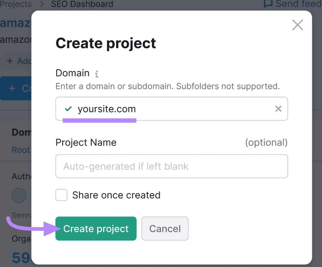 “Create project” pop-up window in Semrush