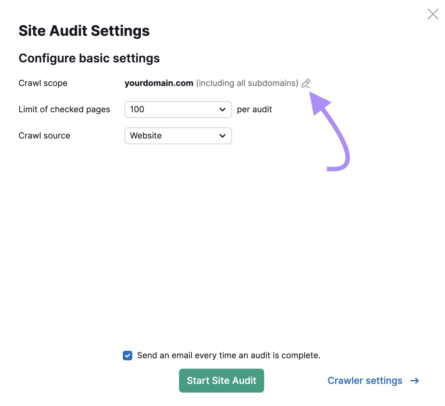Crawl score in Site Audit Settings window