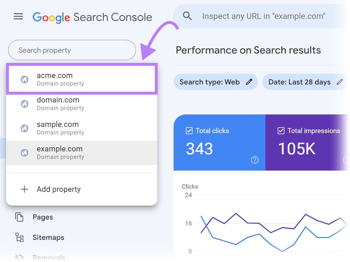 "acme.com" domain selected in Google Search Console account