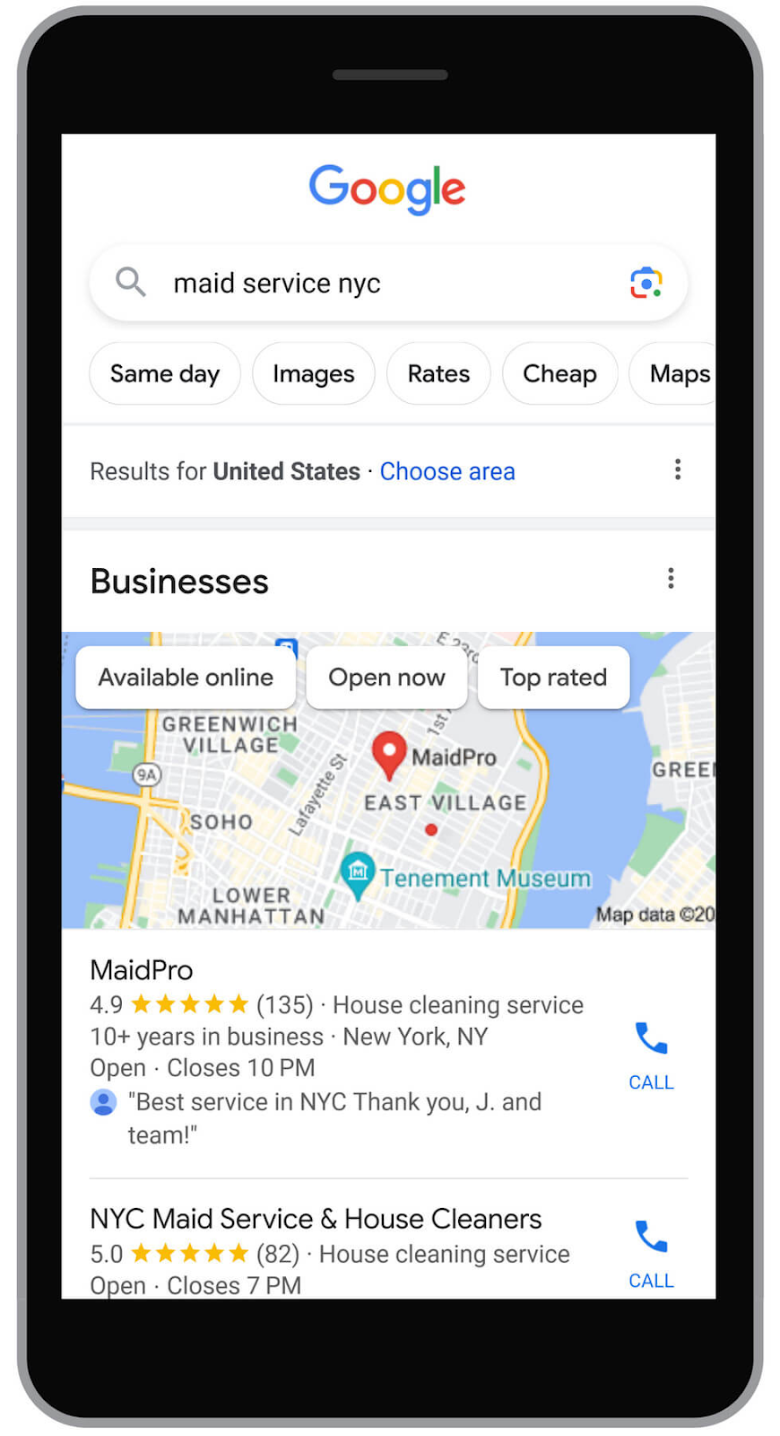 A preview of Google search results for "maid service nyc"
