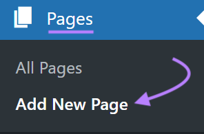 WordPress Pages side menu with the option to Add New Page.