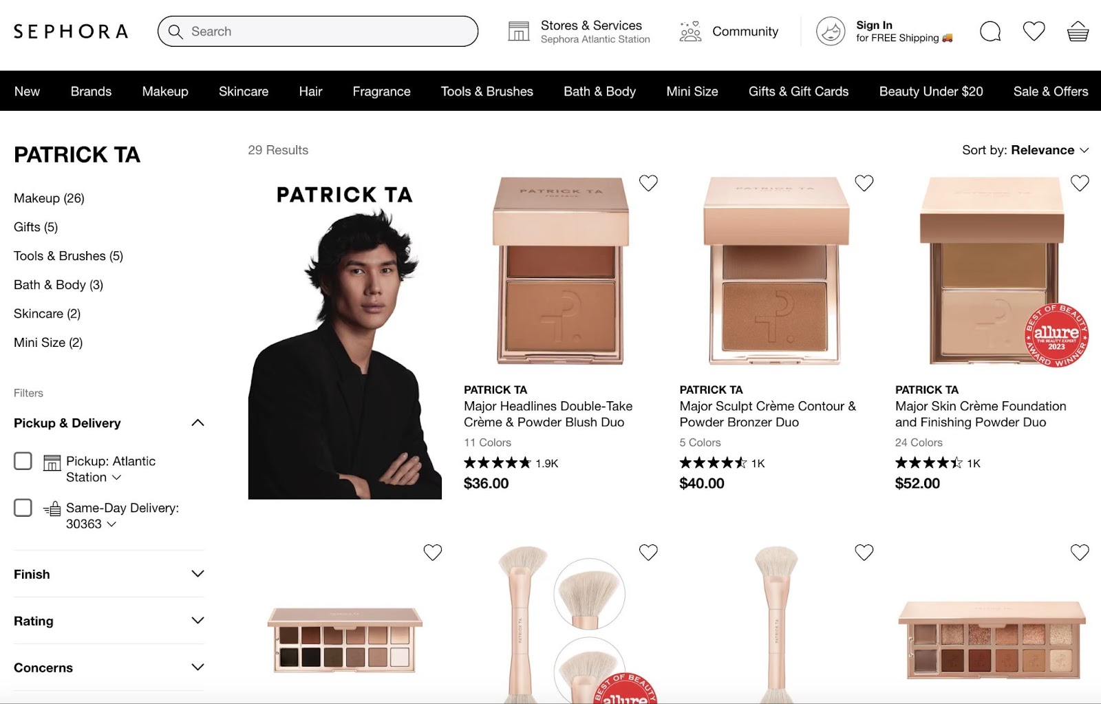 Patrick Ta's products on Sephora website