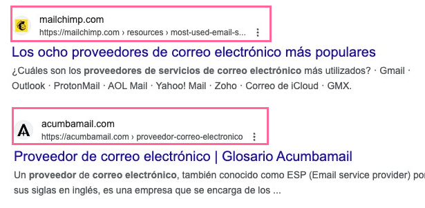 La SERP para la palabra clave "proveedor de servicios de correo electrónico".