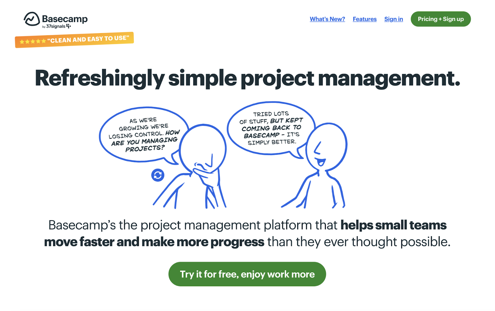 basecamp homepage with the headline "refreshingly simple project management" and two stick figure drawings