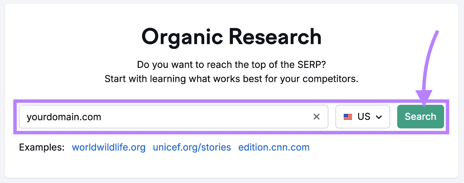 Organic Research tool's homepage with "yourdomain.com" entered into the URL field