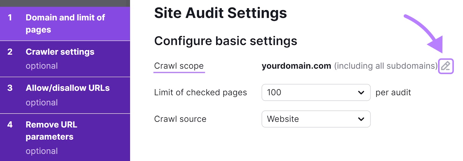 “1. Domain and limit of pages” tab in “Site Audit Settings” window