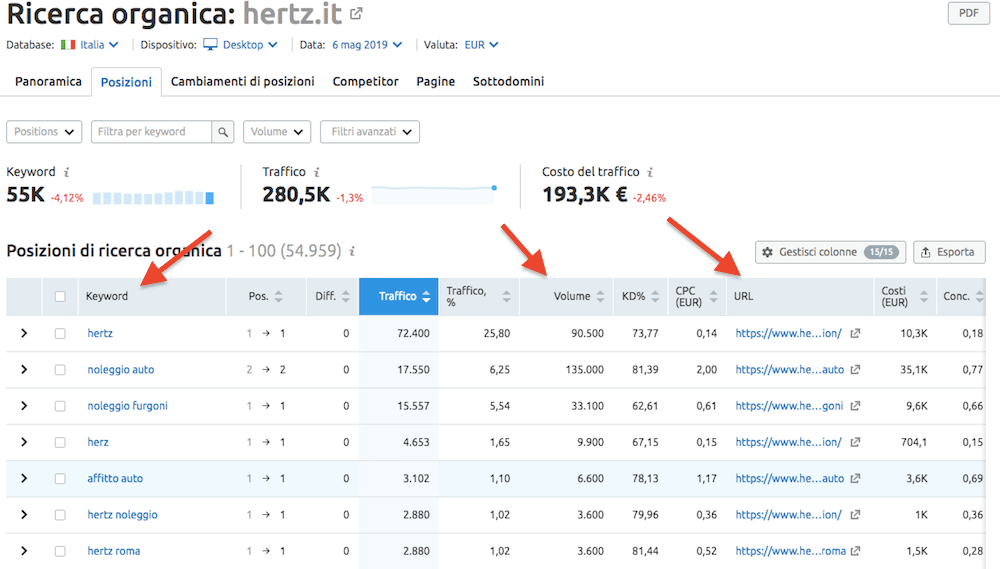 Pagine e keyword che si posizionano nella ricerca organica