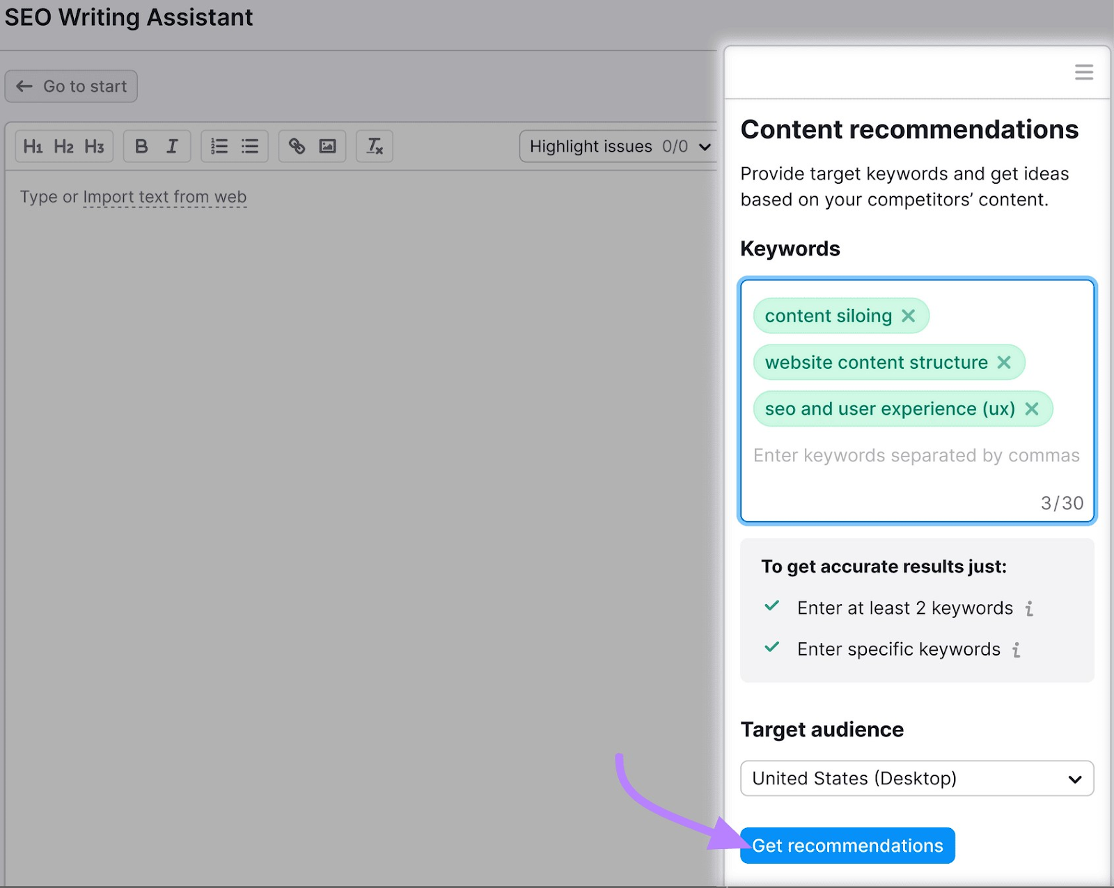 "Get recommendations" button highlighted in SEO Writing Assistant editor