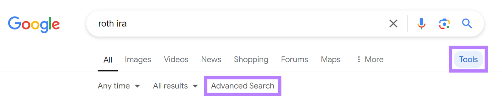 Google Search bar for 'roth ira' with Tools button selected and 'Advanced Search' option highlighted