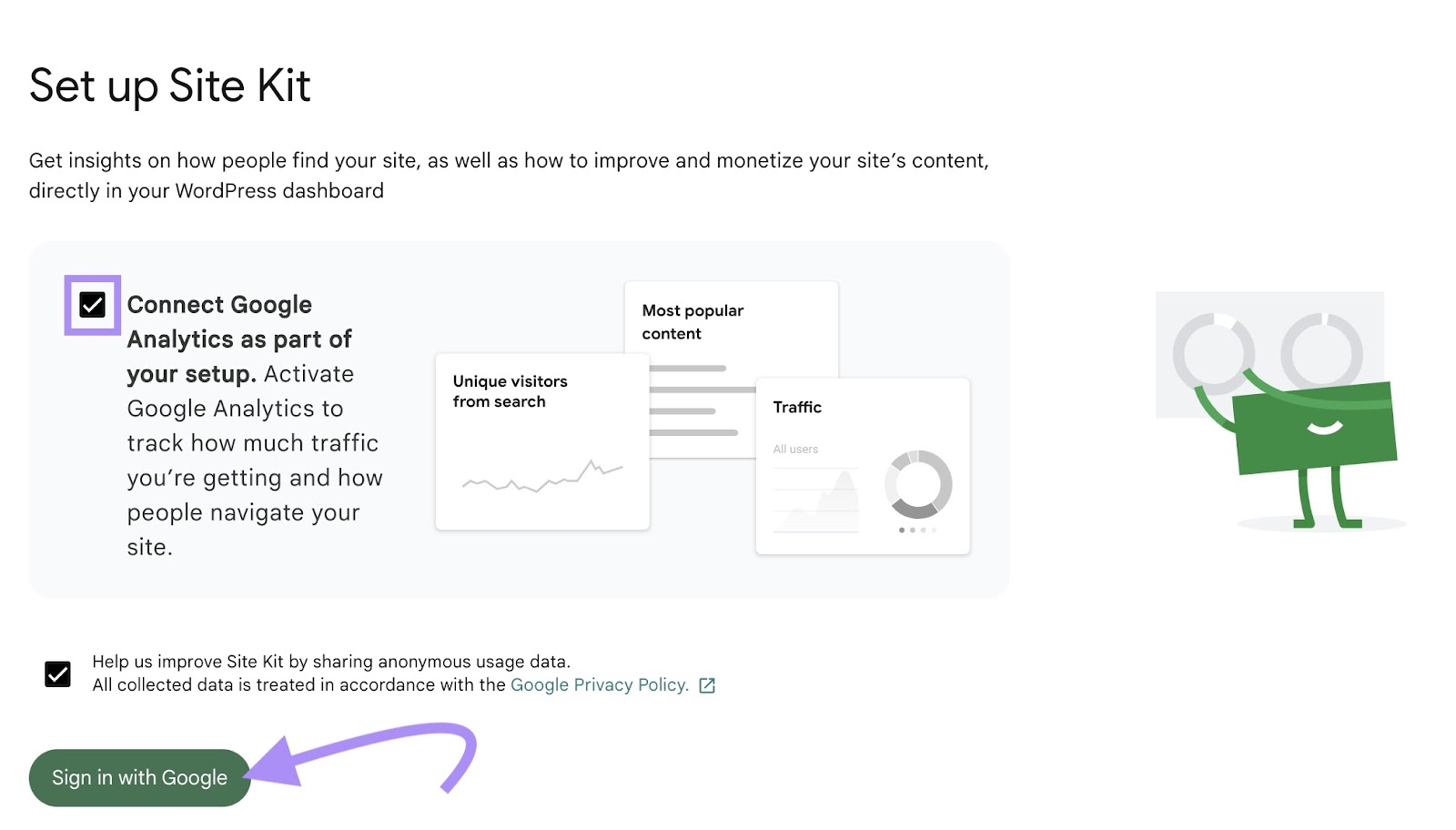 “Connect Google Analytics as part of your setup” checkbox