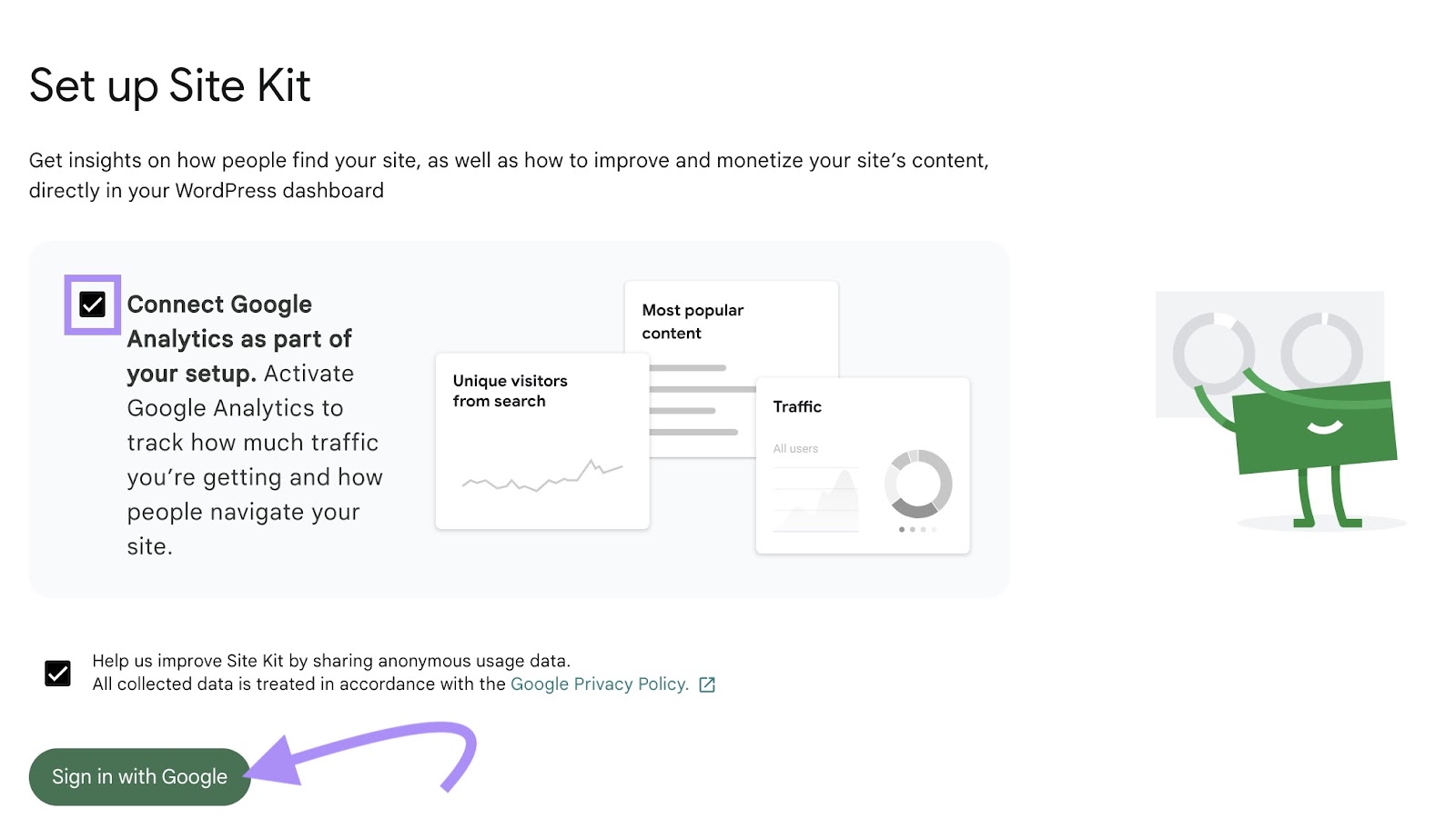 "Casilla "Conectar Google Analytics como parte de tu configuración