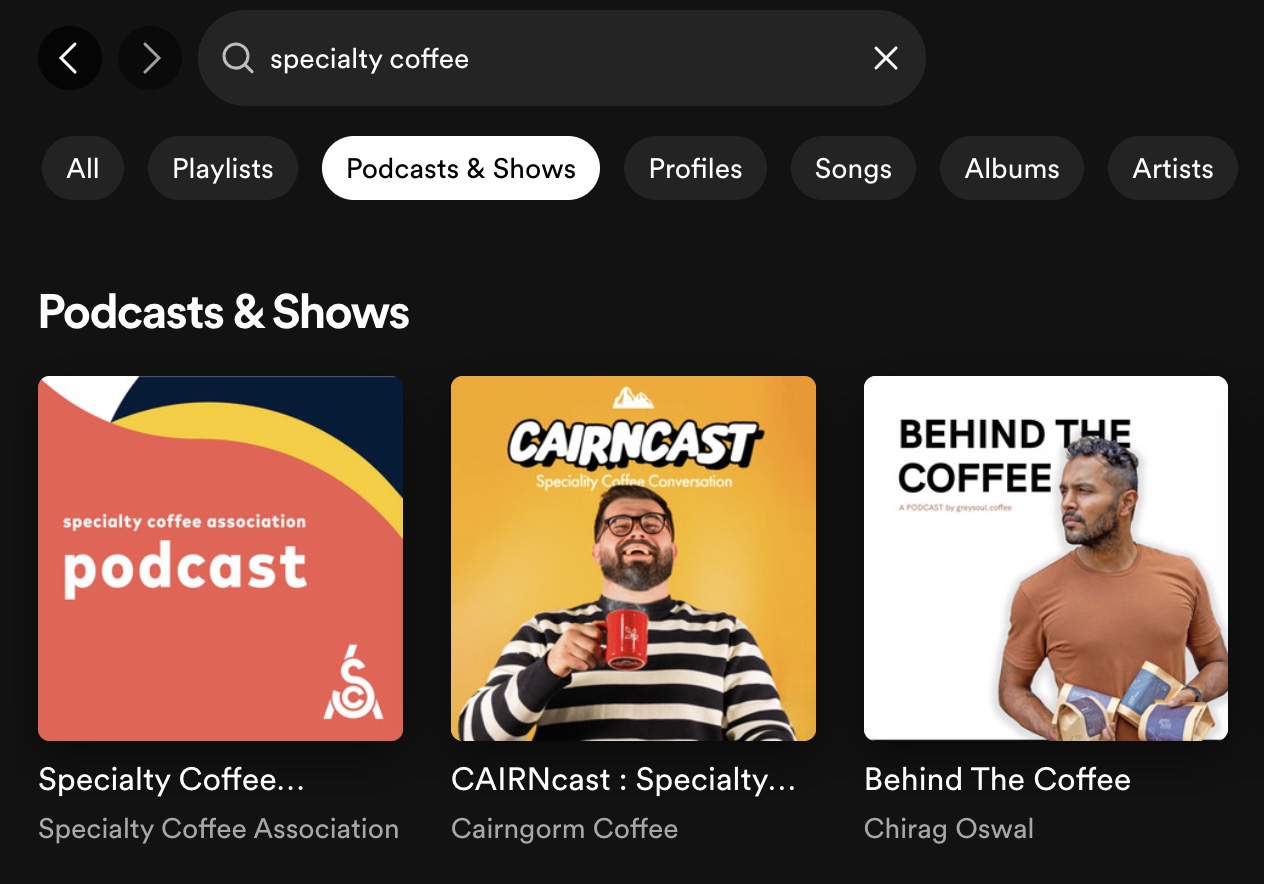 Spotify podcast search results for "specialty coffee."