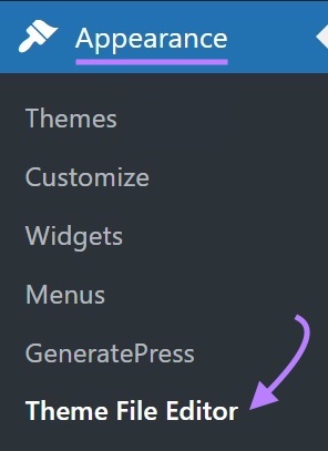 WordPress Appearance menu showing the Theme File Editor.