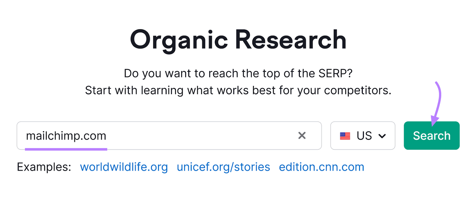 Herramienta de investigación orgánica con "mailchimp.com" introducido.