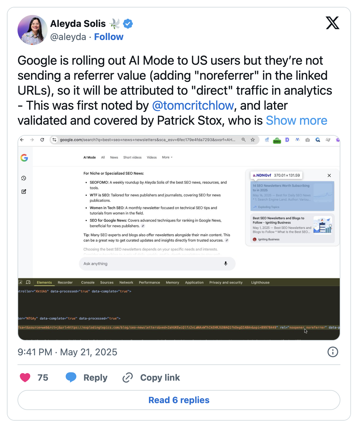 Aleyda Solis Tweet covering lack of referrer tracking in AI Mode Search