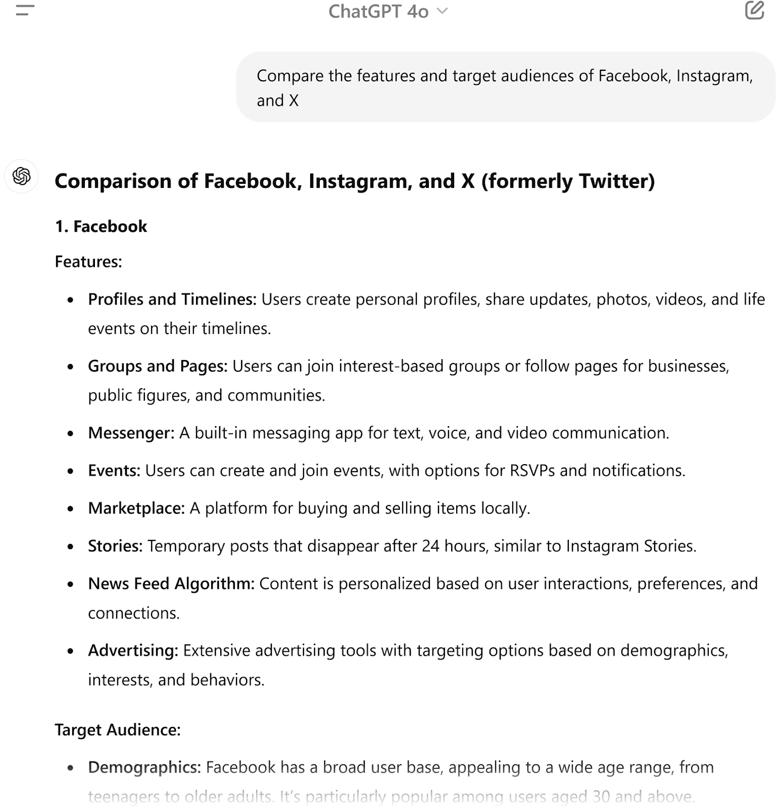 ChatGPT 4o response to a prompt asking to compare the features and target audiences of Facebook, Instagram, and X