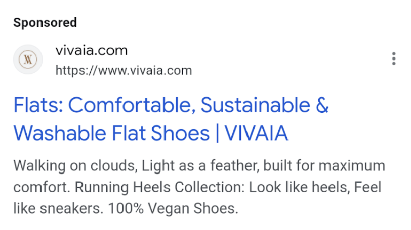 Vivaia's Google search ad for “comfortable ballet flats" query