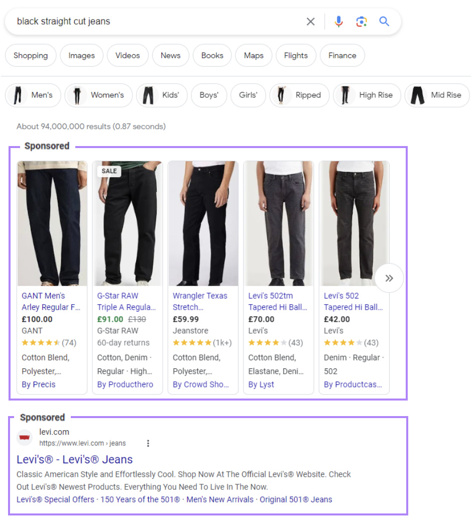 Two types of PPC ads on a Google SERP