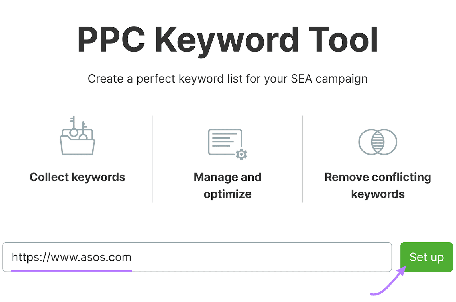 PPC Keyword Tool interface showing a search bar with the text "https://www.asos.com" inside it and a "Set up" button.
