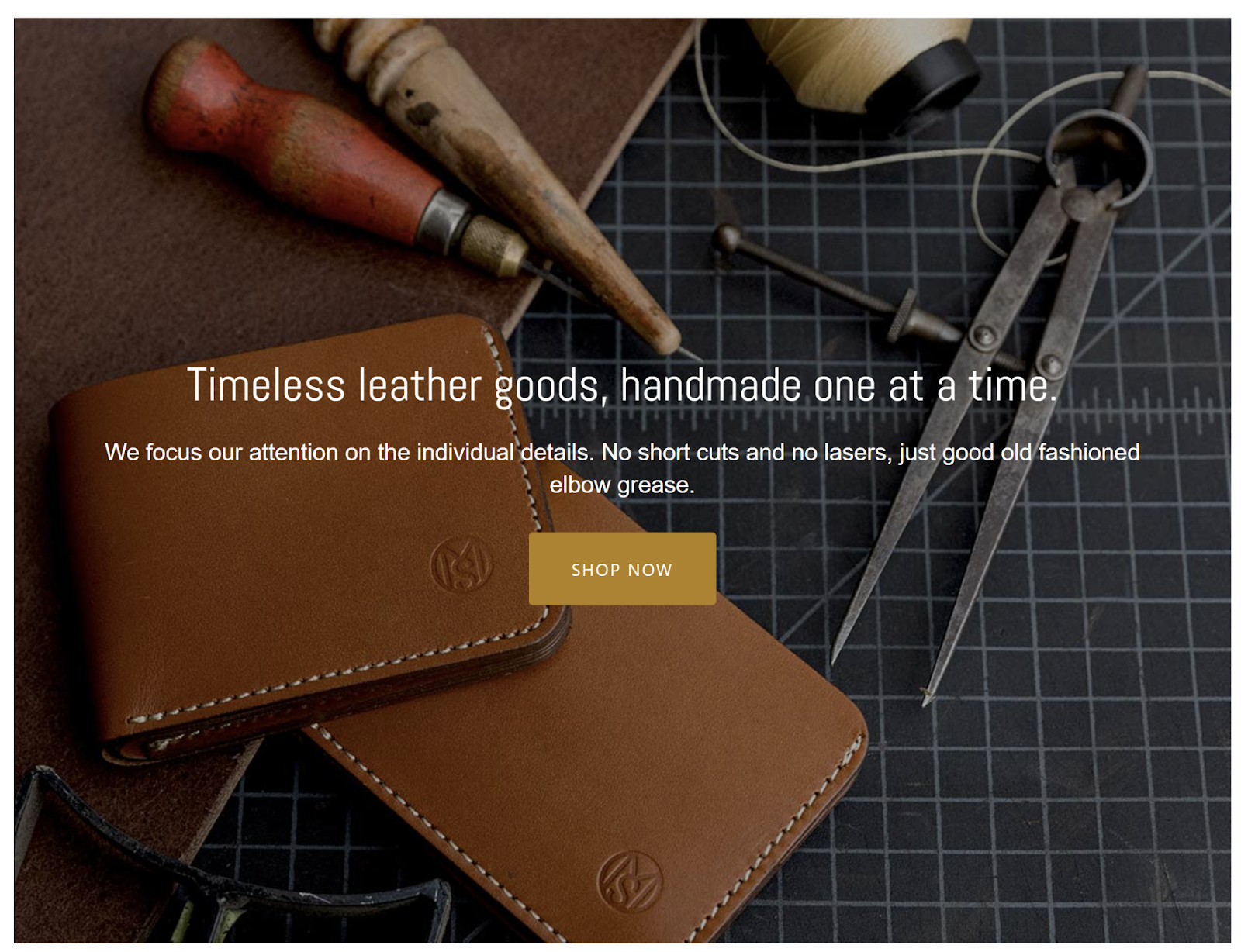 Online ad showing leather crafting tools and handmade wallets, with a brand message about timeless, handmade leather goods.